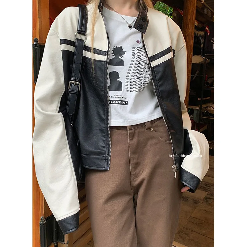 

Fashion New Black and White Color Blocking PU Leather Jacket Spring and Autumn Popular Embroidery Retro Biker Clothing