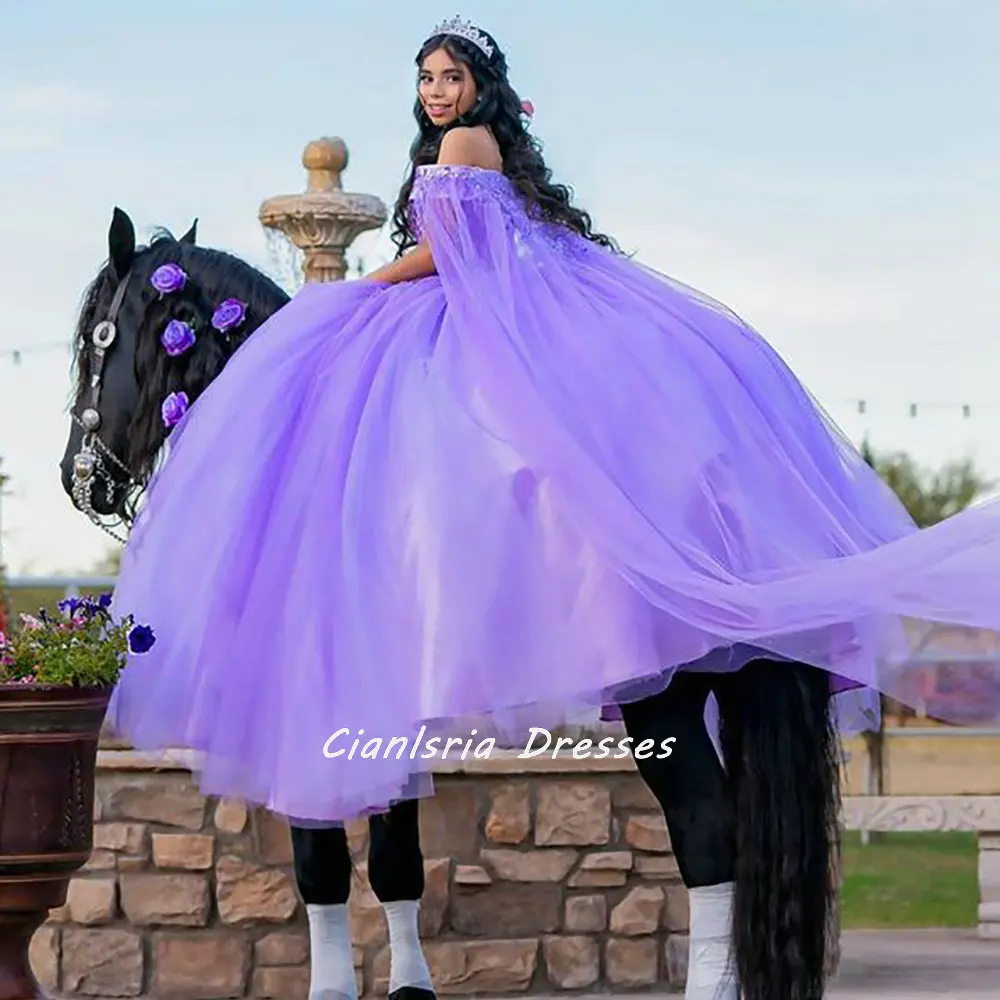 

Lilac Off The Shoulder Quinceanera Dresses With Cape Ball Gown Floral Appliques Lace Corset Vestidos De XV Anos