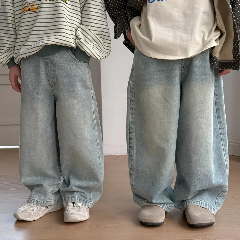 Children Clothes Kids Loose Pants Spring Boys and Girls Korean Style Solid Color Loose Casual Denim Straight Leg Pants
