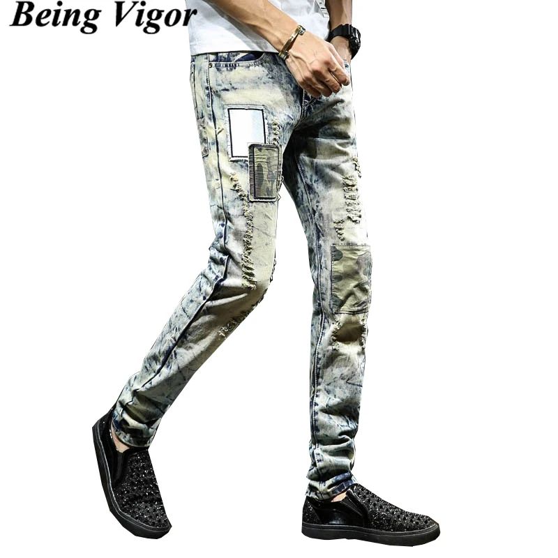 

Being Vigor Frayed Men's Jeans Camouflage Shredded Denim Pants Patchwork Distressed Motor Cycle Jean Pants Men Street Trousers