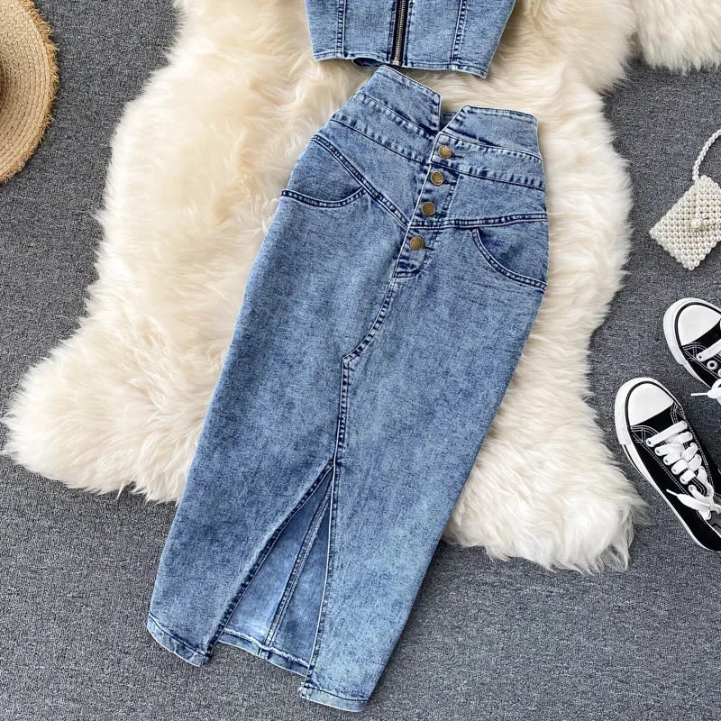 Women Denim Sets Sleeveless Strap Crop Top and Long Skirts Suits 2024 Summer Jeans Streetwear Two 2 Piece Sets Outfits