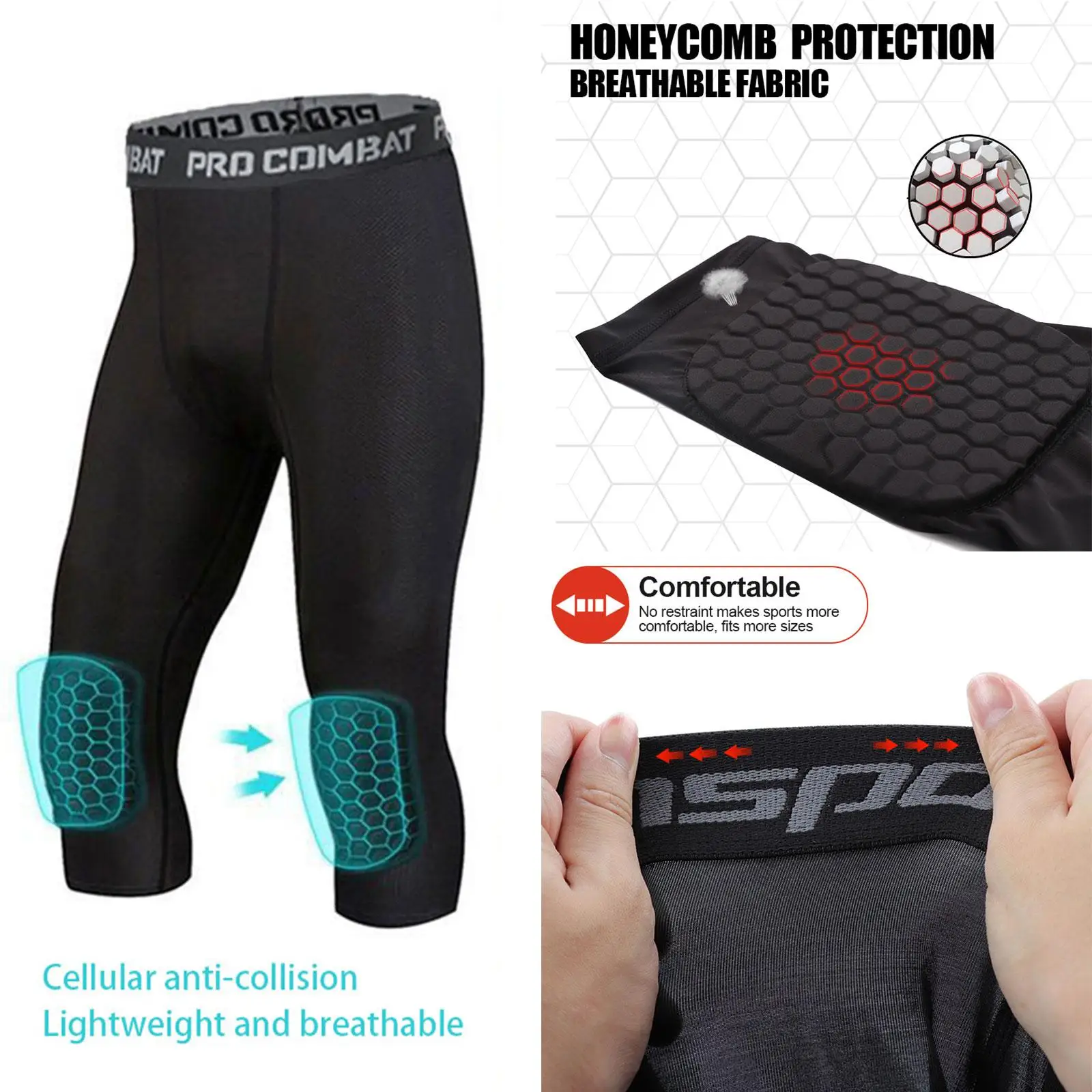 Men's Safety Anti-Collision Pants Basketball Training 3/4 Tights Leggings Knee Pads Protector Sports Compression Trousers