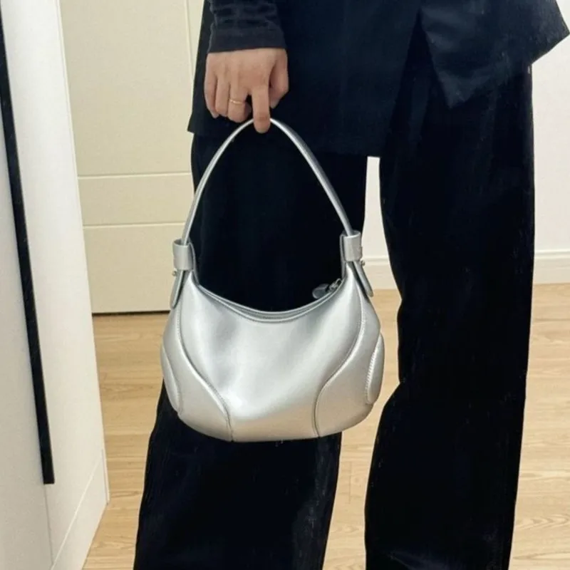 Retro Silver Zipper Tote Bag Women Stitching Leather Large Capacity Shoulder Bag Ladies Hot Girl Fashion Trendy Y2k Underarm Bag