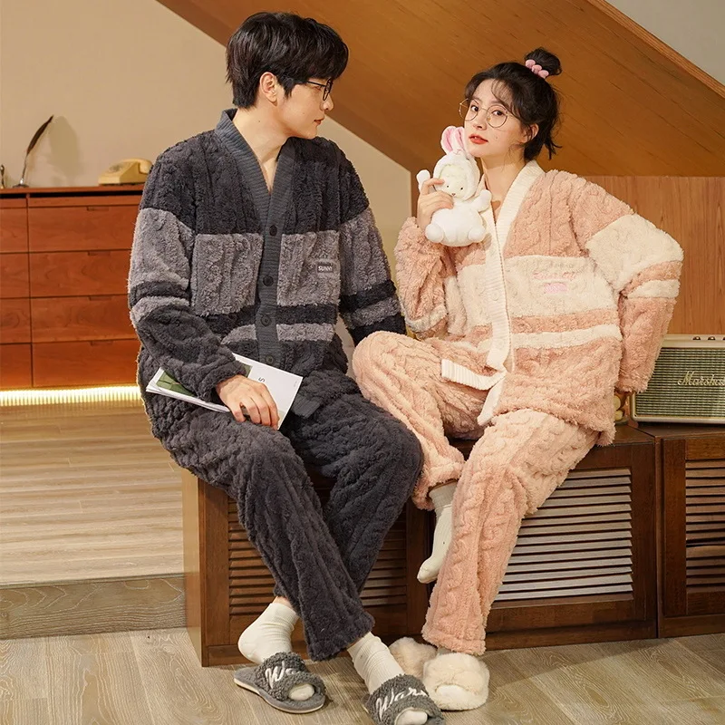 Kimono Winter Coral Fleece Sleepwear for Couples Women and Men Matching Pajamas Set Thicken Homewear Male Female Pijamas Mujer