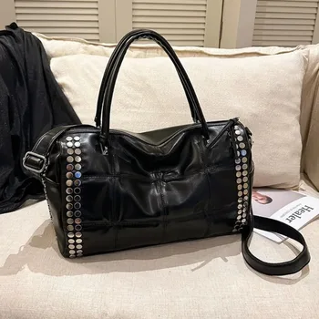 Borsa Tote Retrò in Metallo con Rivetti, Borsa a Mano Grande Capacità da Donna, Borse a Tracolla Vintage Stile Motociclista, Borse Boston Coreane con Manico Superiore