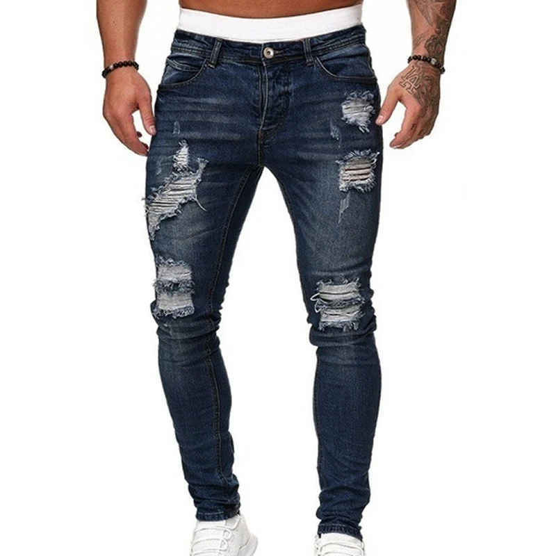 Spring Summer New Solid Color Fashion Jeans Man High Street Casual Slim Harajuku Pants Men Zipper Pockets Hole All-match Trouser