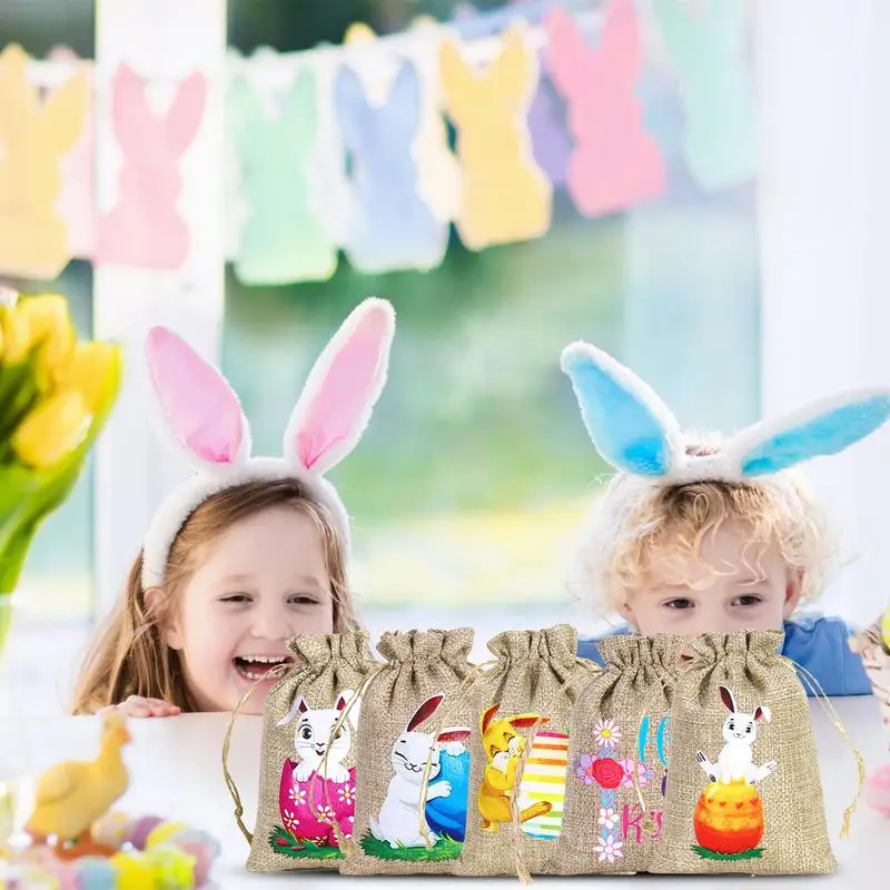 Easter Rabbit Linen Jute Bag 12 Pieces Goody Bag With Drawstring Bunny Burlap Bag Burlap Sack Linen Egg Candy Bag For Party