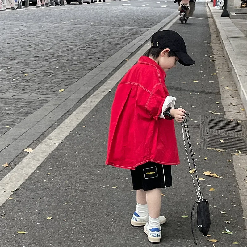 Loose Short Sleeve Children's Shirt for Boys Red Half Sleeve Spring New Year's Outfit Japanese Style Kids' Loose Shirt