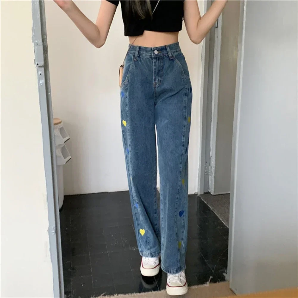 

Embroidered Straight Leg Pants for Woman High Waist Shot with Hearts Pockets Trousers Blue Women's Jeans Chic and Elegant Cheap