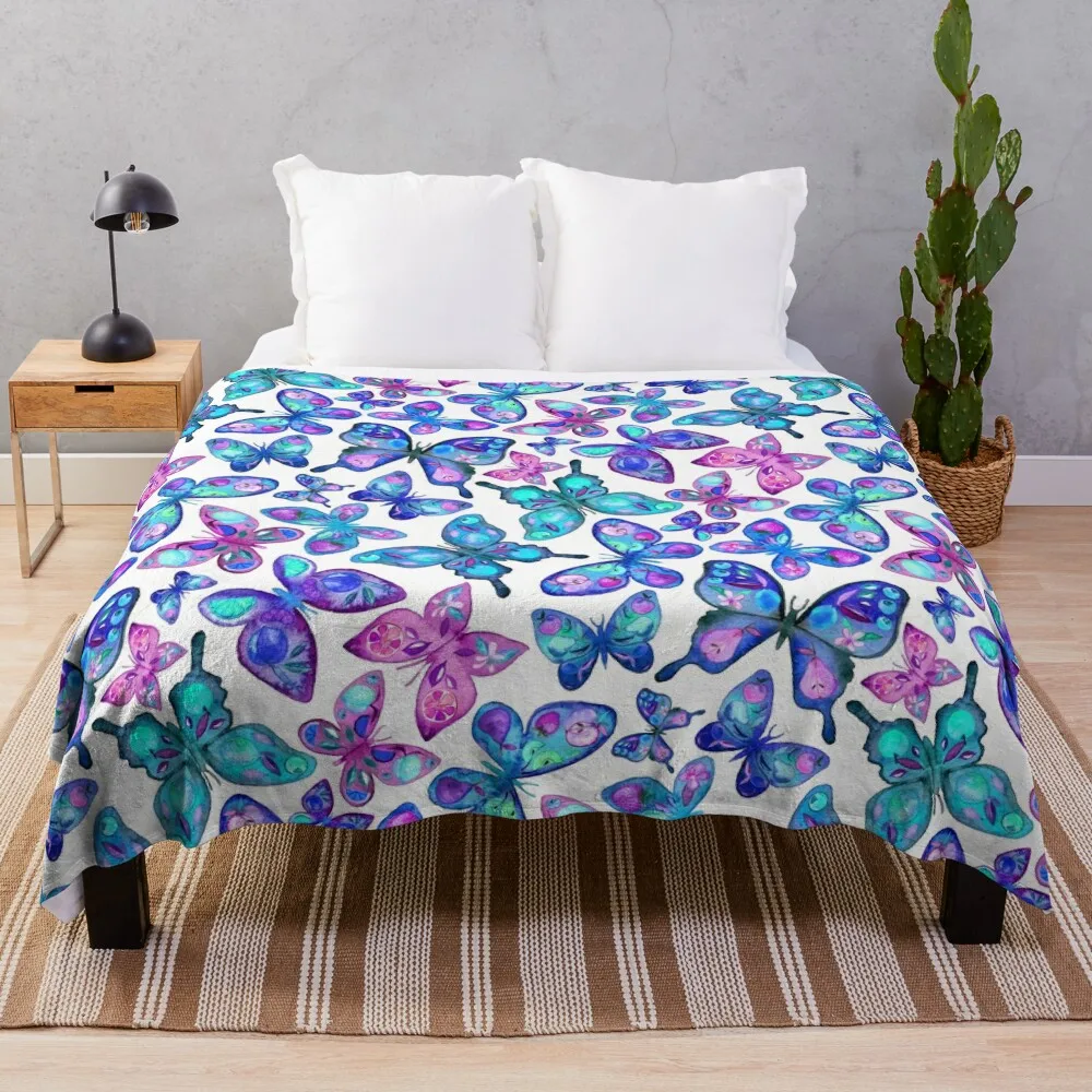 

Watercolor Fruit Patterned Butterflies - aqua and sapphire Throw Blanket Loose Summer Beddings Luxury St Blankets