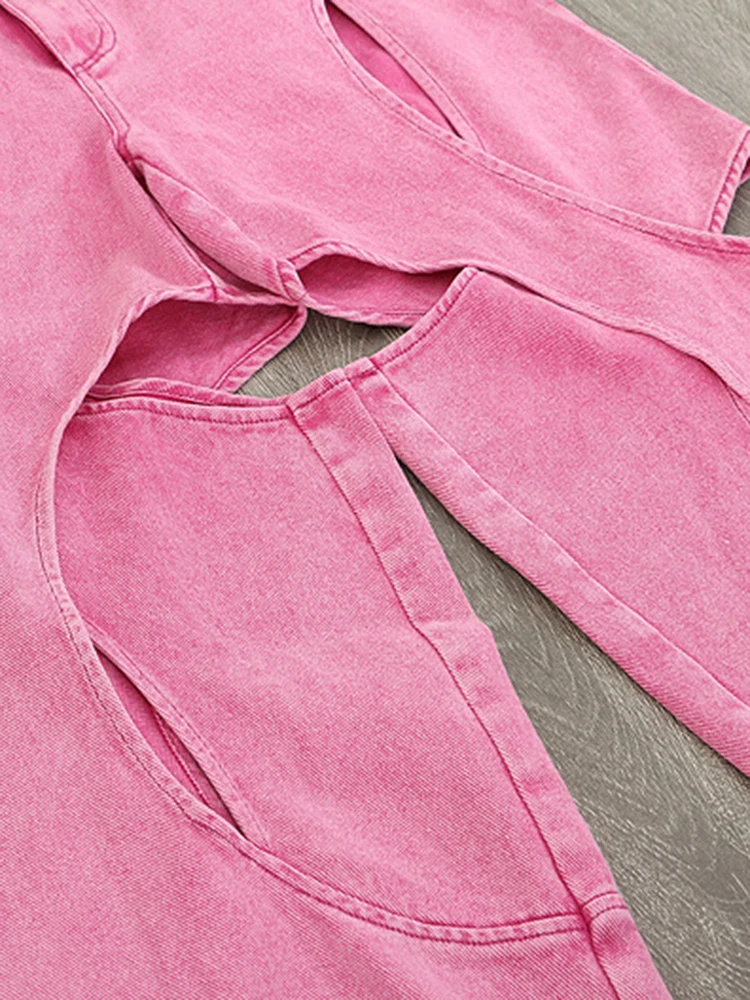 [EAM] High Waist pink Color Hollow Out Wide Leg Pants New Loose Fit Trousers Women Fashion Tide Spring Autumn 2026 1DH2146