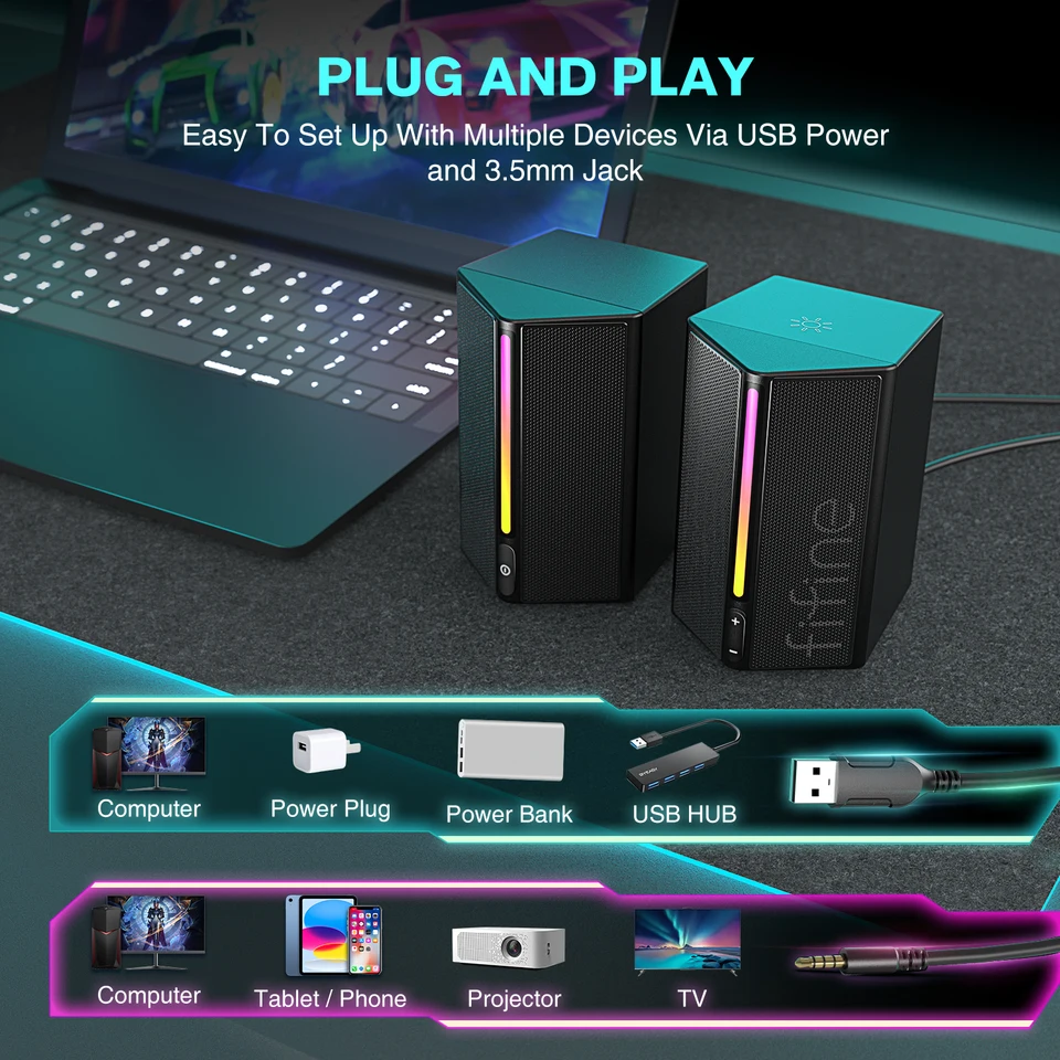FIFINE Gaming Sound Box Stereo Surround Sound, USB RGB Speaker With Vol Control For PC,Lattop,PS4/5,TV-Ampligame A20_voghion.com