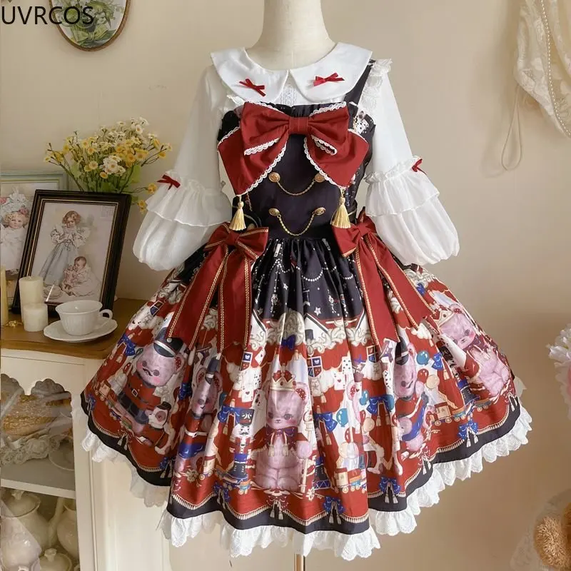 Kawaii Lolita Jsk Dress lolita dress lolita suspender dress lolita cosplay costumes suspender dress Women Sweet Lace Ruffles Cartoon Bear Print Party Mini Dresses