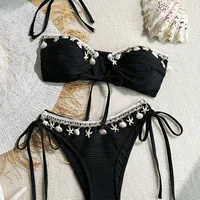 Sexy Star Shell Fringed Bikini Beach Vacation Cross-Border Swimsuit Polyester Fabric One-Piece Swimwear for Women Adult Pure...