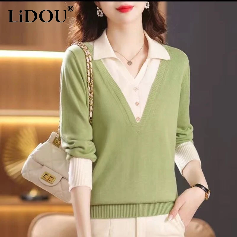 

2023 Spring Autumn New Fashion V-neck Long Sleeve Knitting Pullovers Women Casual Loose Button Fake Two Pieces All-match Tops