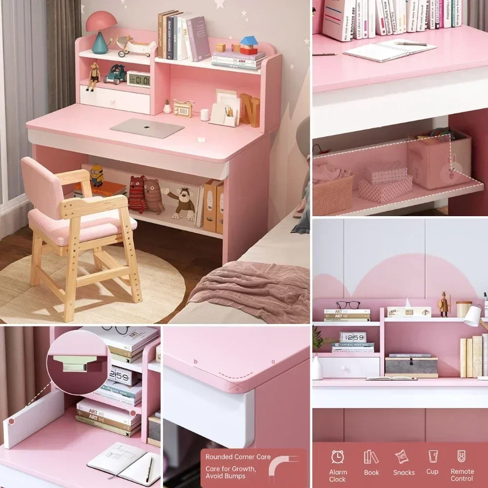 Kids Desk and Chair Set Wooden Computer Office Table for School Students Study Writing Desk Adjustable Chair Storage Cabinets