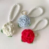 New Crochet Rose Camellia Flowers Keyrings Imitation Pearls Chain Keychain Women Girls Key Chains Rings Charm Bag Gifts 2