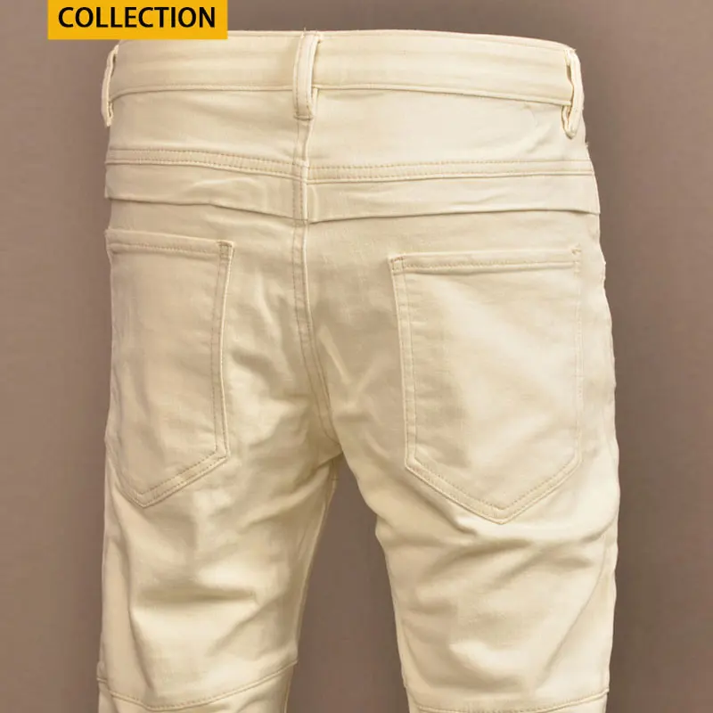 Streetwear Fashion Men Jeans Beige Yellow Stretch Skinny Fit Spliced Designer Biker Jeans Men Patched Hip Hop Denim Pants Hombre
