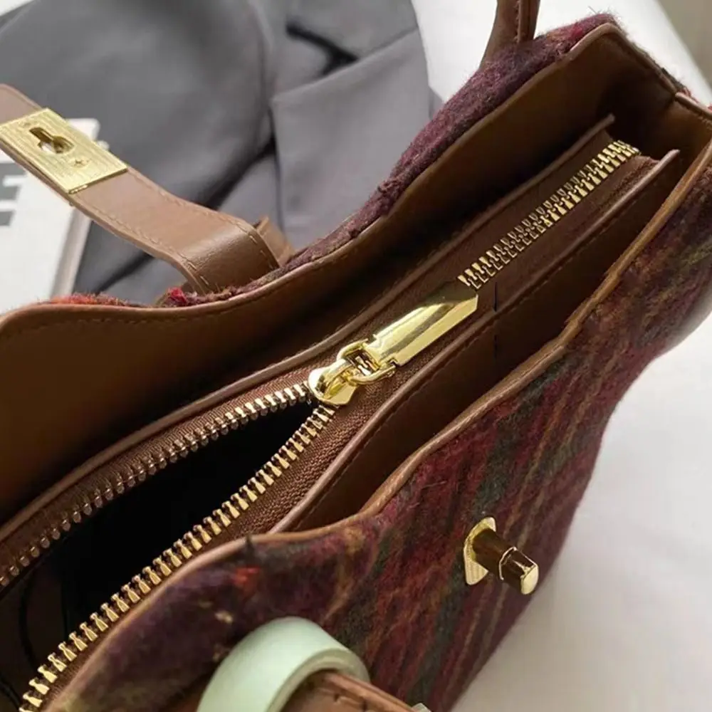 Solid Color Single Shoulder Bag Temperament PU Cherry Pendant Wool Fabric Tote Bag Plaid Woolen Fabric Crossbody Bag Girls