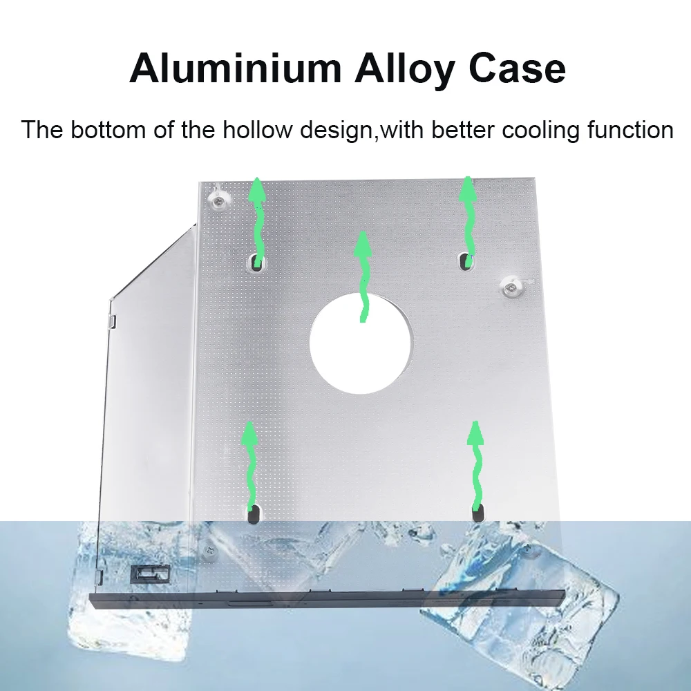 Alumínio Caddy Adapter Enclosure, Disco Rígido, 2 ° Segundo, SATA 3.0, Baía Óptica, SSD, DVD, CD-ROM, 2.5 