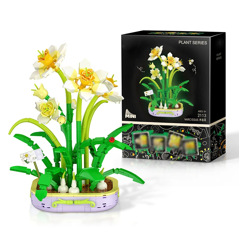 thumbnail image 1 of Bloques de construcción de flores rosas negras Knew Built, modelo 3D, ramo de flores rojas y amarillas, regalo de ladrillo, decoración del hogar, juguete para niños con caja, 1 of 5