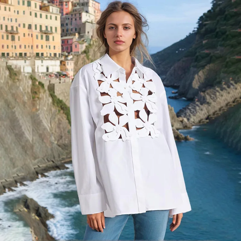 

SuperAen 2024 Summer New Fashion Three-dimensional Flower Splicing Design Single-breasted Hollow Long Sleeve Shirt