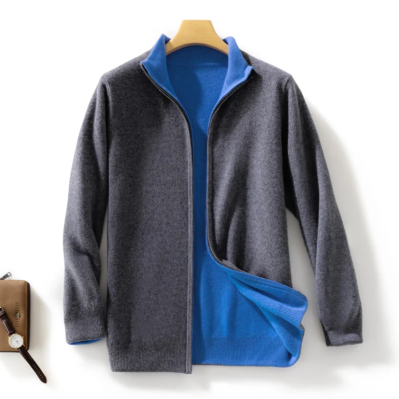 Autumn Winter New Thickened Cashmere Coat Men's Front and Back Standing Neck Zipper Cardigan 100% Merion Wool Knitted Jacket Top 2