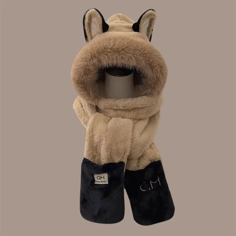 Winter New Outdoor Fox Warm Ear Protection Scarf, Furry and Fashionable One-piece Plush Hat