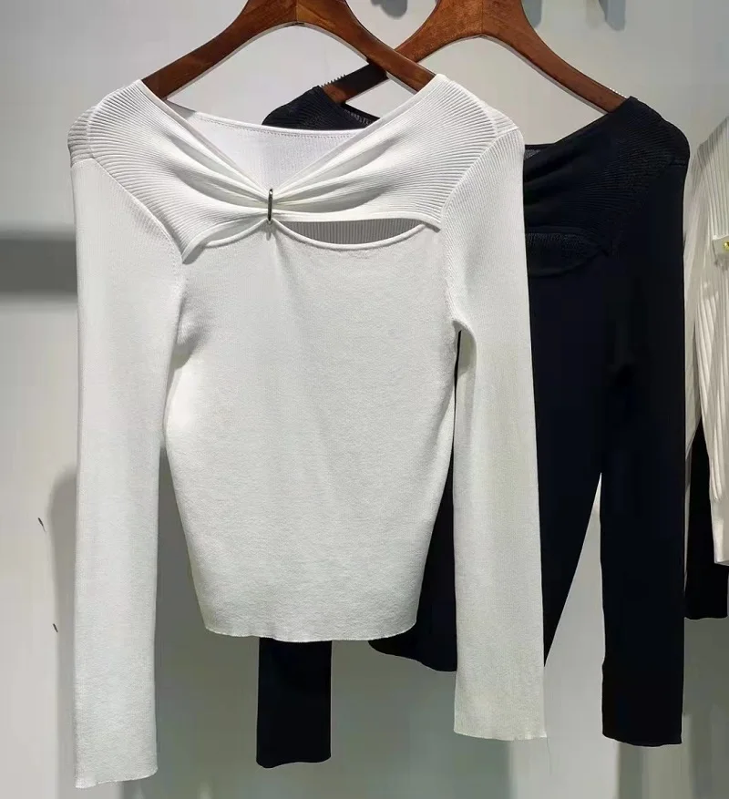 

New 2023 Spring Summer Hot Sale Sweaters High Quality Knitwear Ladies Sexy Slash Neck Long Sleeve Casual Black White Jumpers