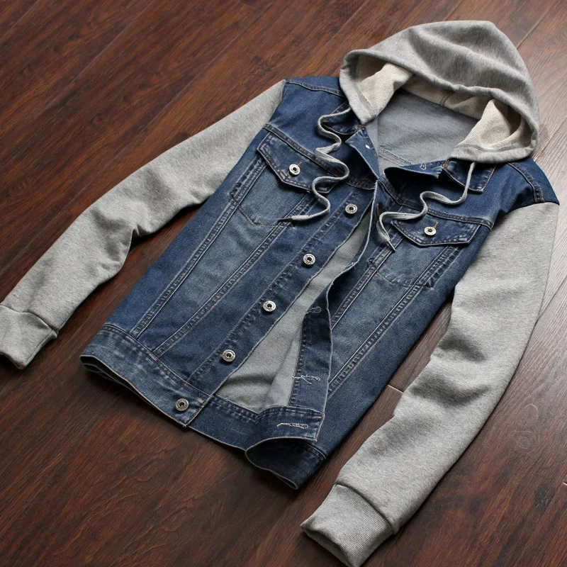 Men's New Fall And Winter Jacket Slim Fake Two Pieces Denim Jacket Hooded Jacket