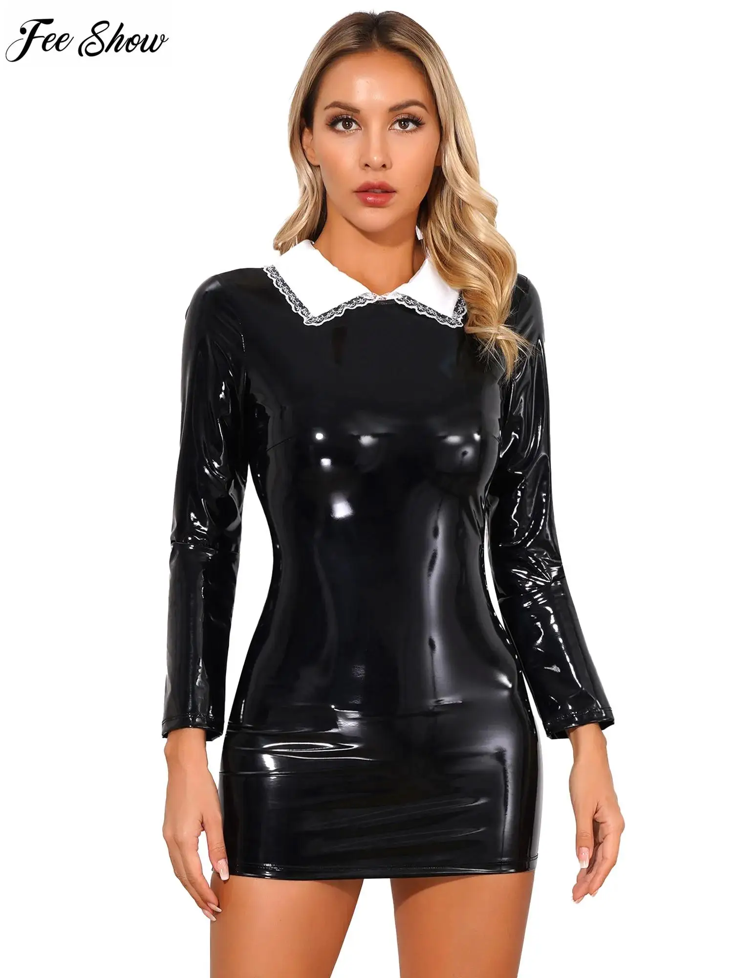 

Womens Glossy Patent Leather Mini Dress Long Sleeve Satin Collar Back Zipper Bodycon Dress Clubwear Punk Costumes