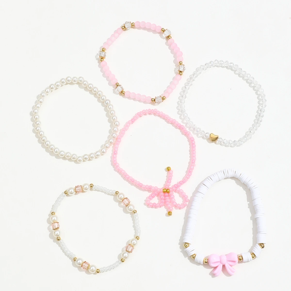 6Pcs/Set European and American Cute Pearl Love Beaded Bow Bracelets Set For Women Simple Design Sweet Jewelry Gifts - 4