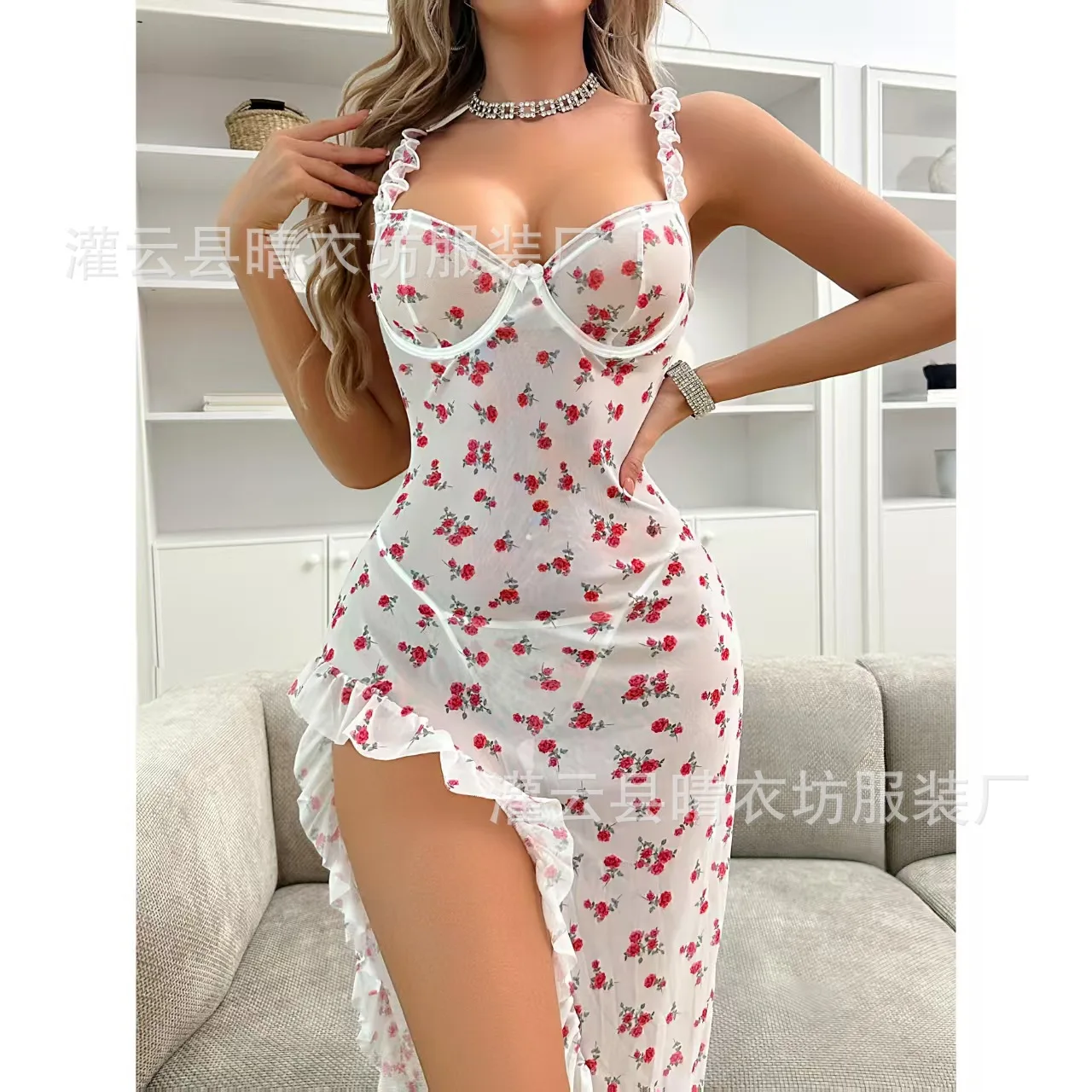 Sexy Long Floral Pattern See through Sleep Dress Tempting Adult Entertainment Home Use All Seasons Lightweight Polyester