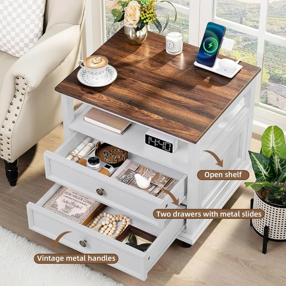 Nightstand Set of 2 with Charging Station, 24" Wide End Table with 2 Drawers, Dresser for Bedroom, Nightstands 5
