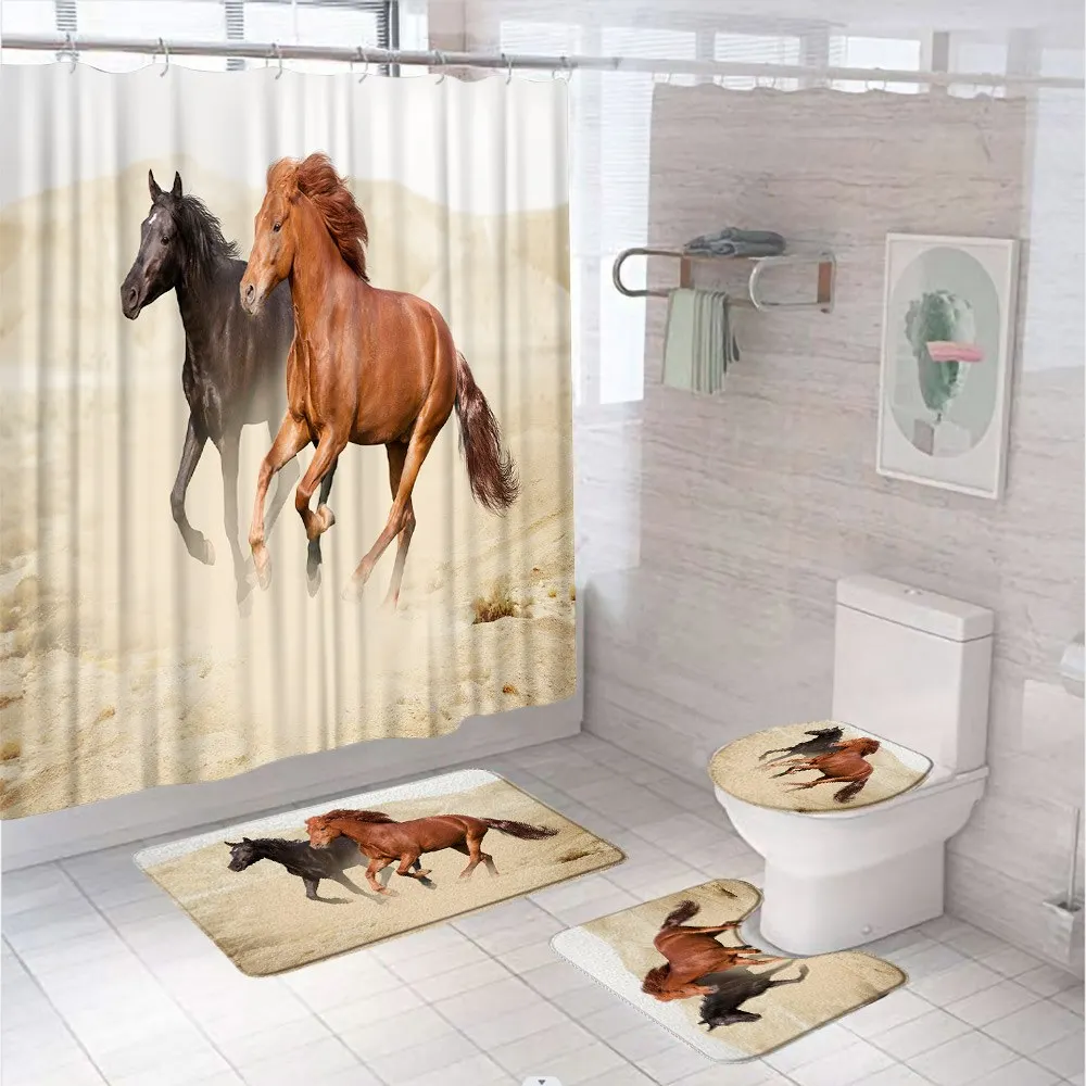 Running Horse Shower Curtain Sets Farm Animal Natural Scenery Landscape Bathroom Curtains Screen With Bath Mat Rugs Toilet Cover