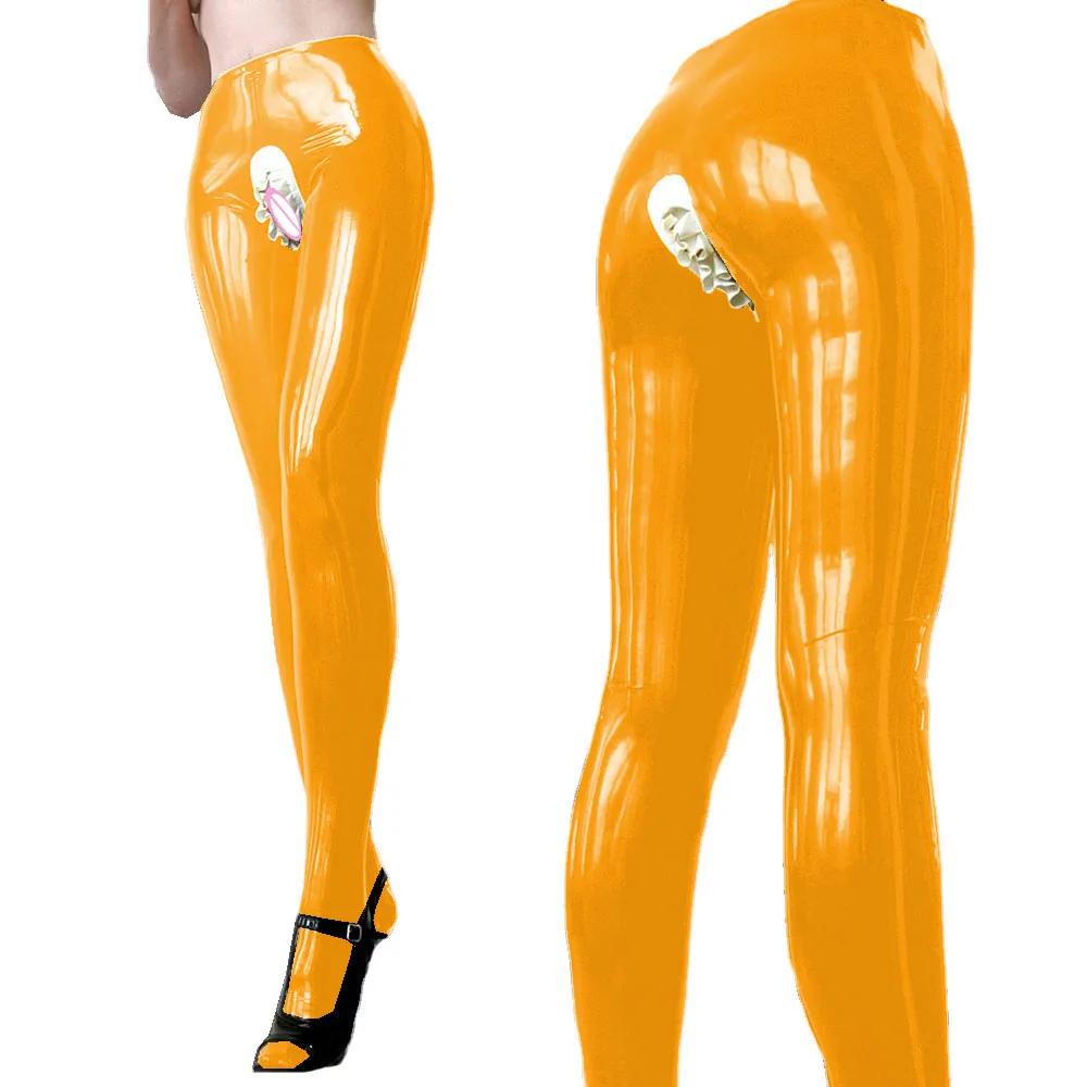Women's Skinny Faux PVC Leather Legging,Sexy Crotch Pants,Exotic Ruffles,Open Crotch Pants,High Waist,Soft Latex,Fetish Trousers