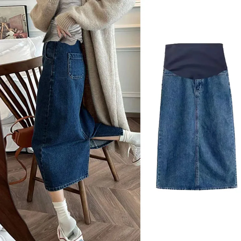 Maternity Skirt For Pregnant Women Denim Cotton Side Slit Medium Length Slimming Outerwear For Summer Spring Autumn