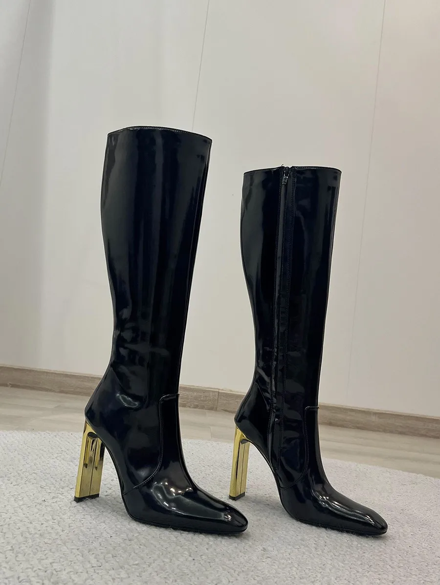 Women's Catwalk Square Toe No More Than Knee High Straight Leather Wood Grain Hollow Thick Heel Fashion Boots_voghion.com