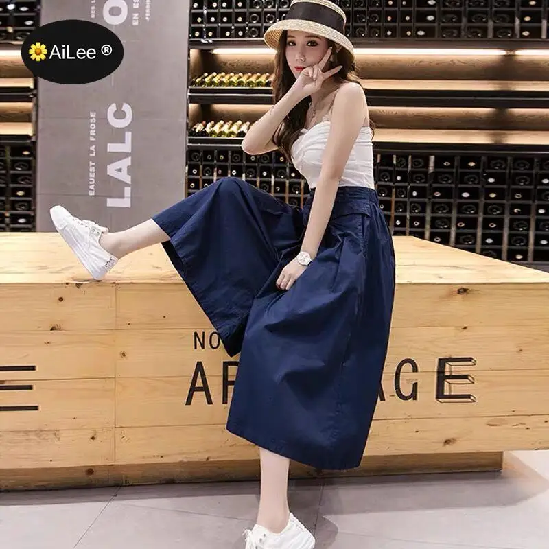 Women's Cargo Pants Capri Korean Style Streetwear High Waist wide Leg Pants Black Green Khaki Casual Loose Summer Pants