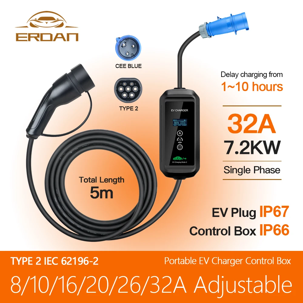 Erdan Portable Iec62196-2 Ev Charger Wallbox Type2 Cable 32A 7Kw Evse Charging Box Caricabatteria Per Auto Elettrica Con Spina Cee