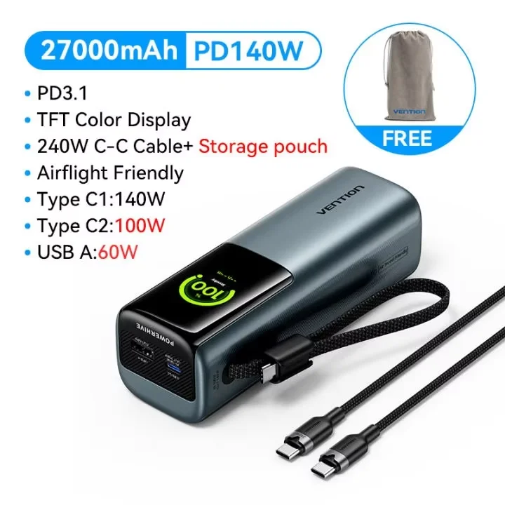 Batterie Externe Ordinateur Portable 27000mAh VENTION 200W - Écran TFT, 2x USB-C, USB-A, Power Bank Haute Capacité