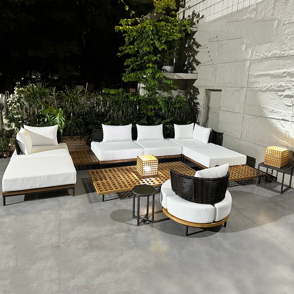 Modern 5-Seater Teak Wood Sofa Set – Waterproof Wicker Outdoor & Indoor 1