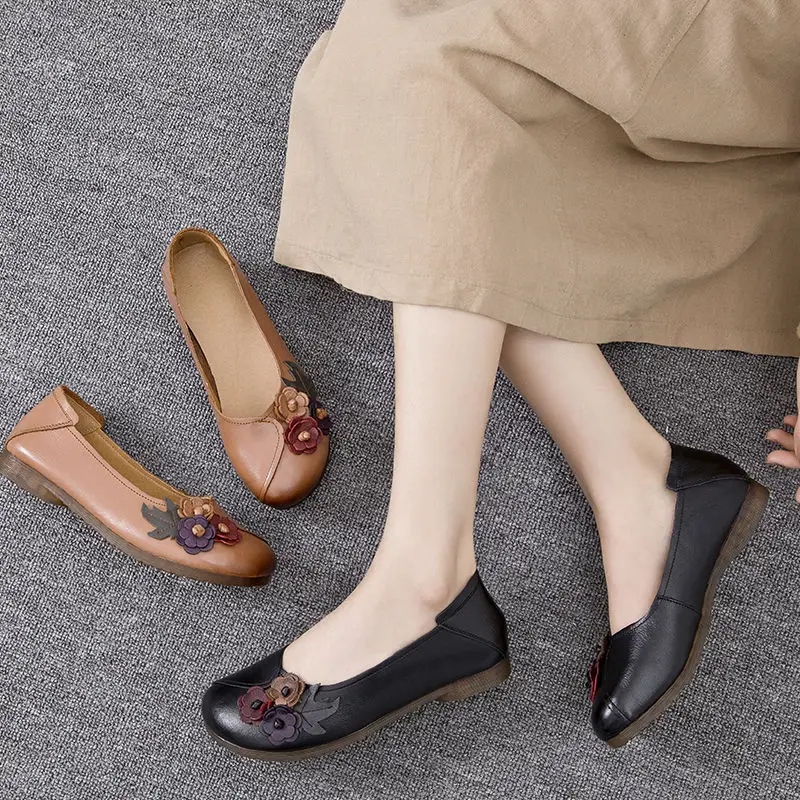 Women's Flats Shoes Retro Genuine Leather Moccasins Soft Oxford Mom Casual Shoes Flower Breathable Loafers Ladies Zapatos Mujer