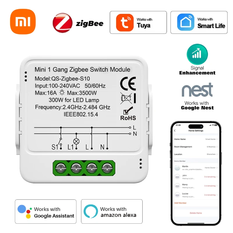 Xiaomi Tuya Smart Zigbee Switch Module 1/2/3 Gang Switch Mini Smart Breaker Smart Life Control Con Alexa Google Home Automation