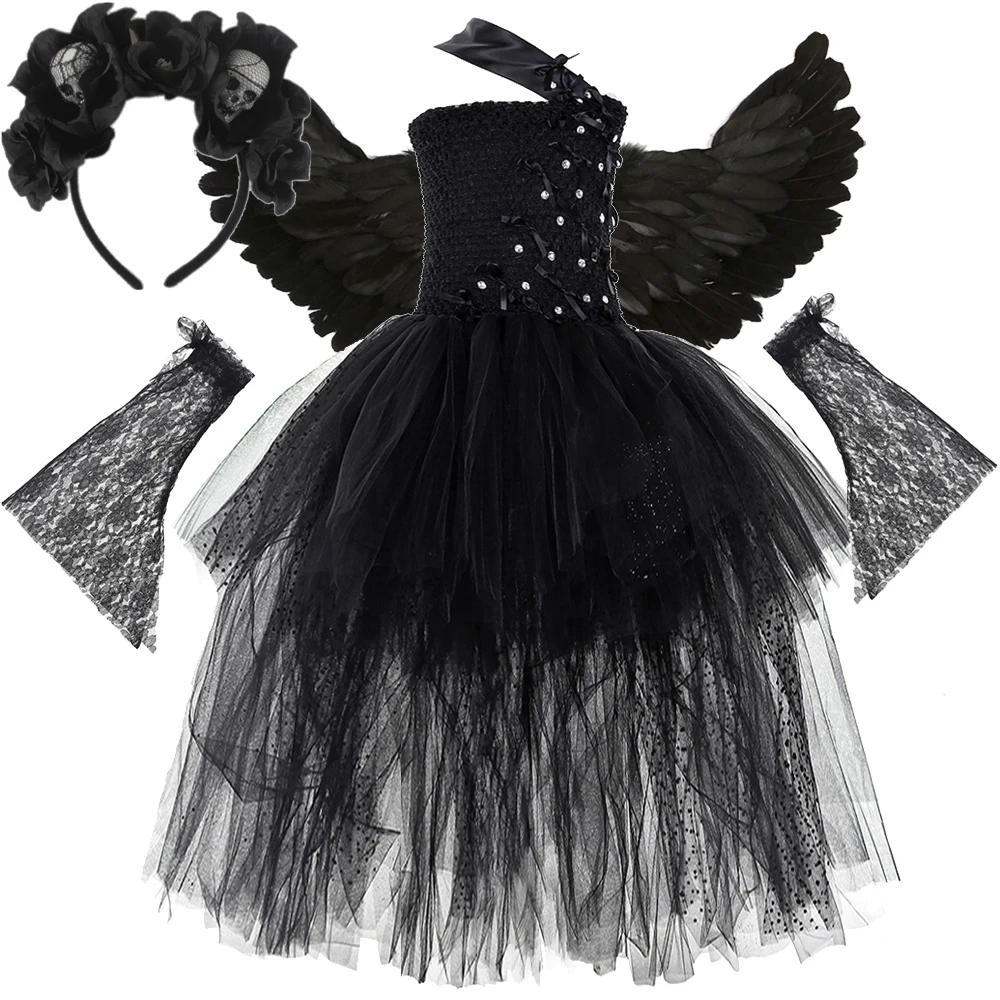 

High Low Angel of Death Halloween Costumes Girls Black Angel Dresses Kids Tutu Outfits with Feather Wings Skull Bow Lace Sleeves