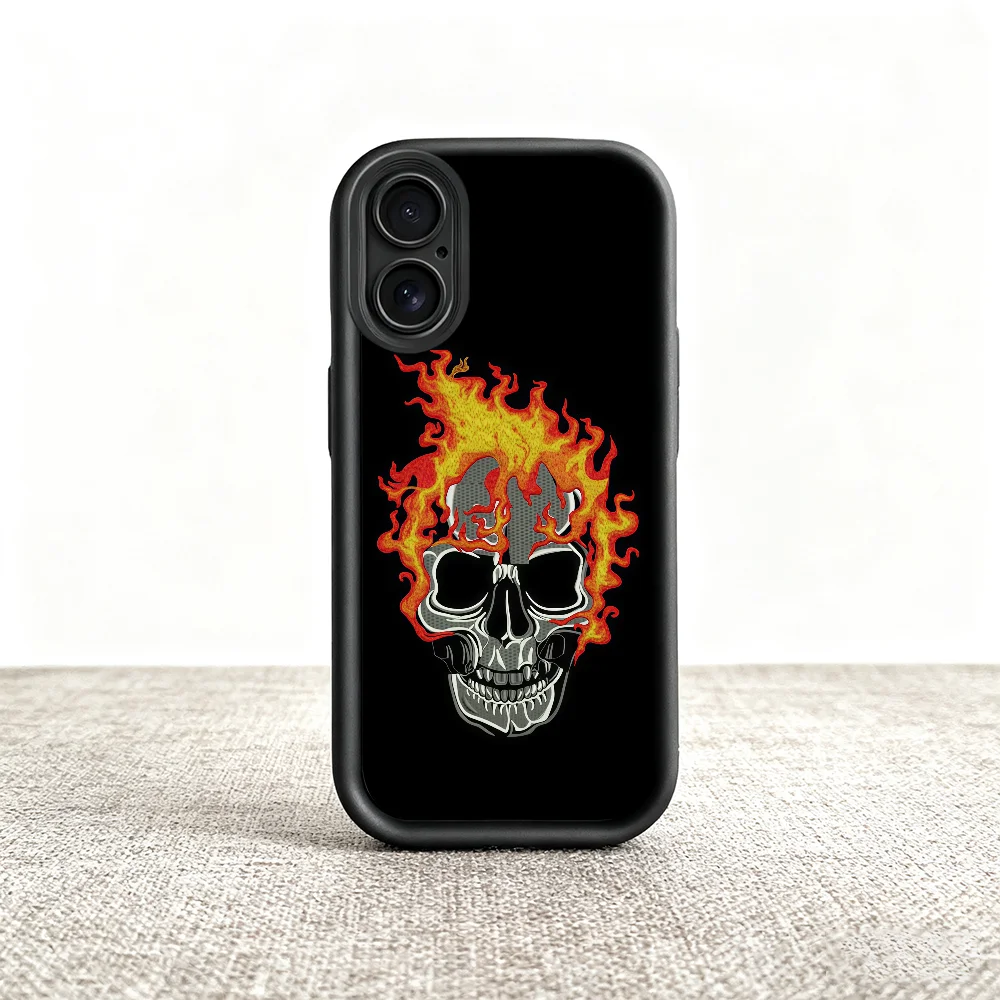 Skull Flame Embroidery Black Soft Shell Phone Case with Lens Protection