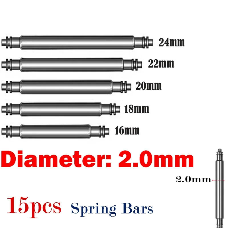 Stainless Steel Watch Band Spring Bar Pins - 2mm Diameter, Various Lengths