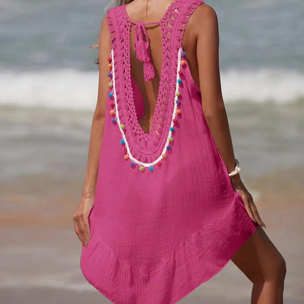 Backless Dress Stylish Lace up Crochet Beach Dress for Women V Neck Hollow Out Swimsuit Coverup with Sun
