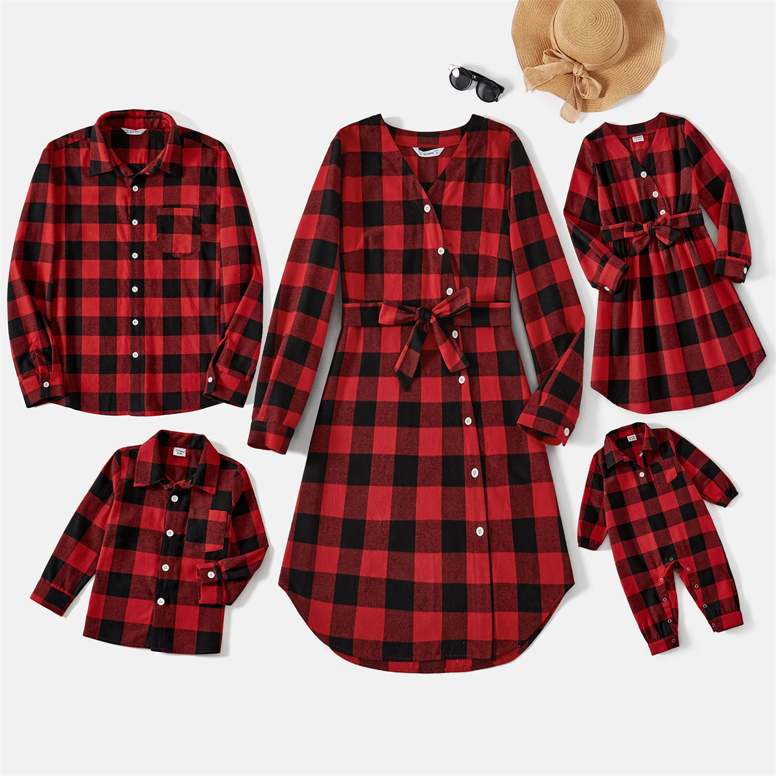 PatPat Christmas Family Matching Outfits Red and Black Plaid Long-sleeve Shirts and Belted Dresses Matching Family Clothes Sets