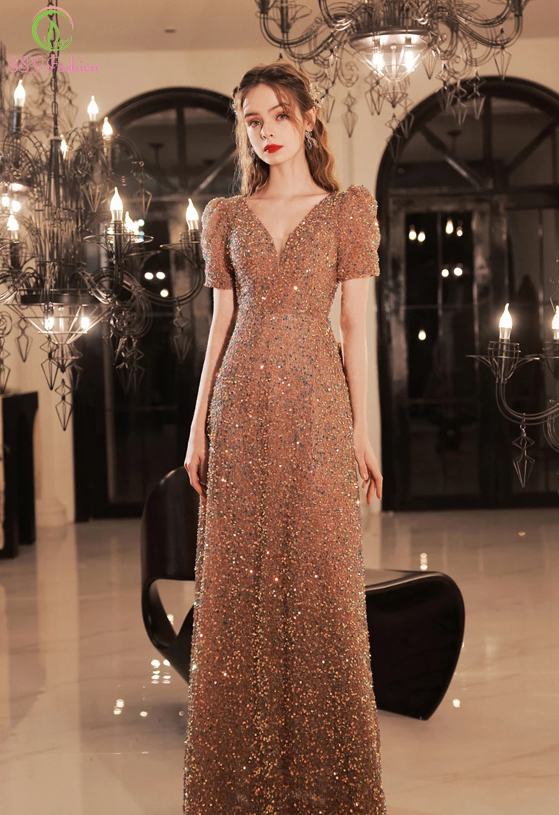 

SSYFashion Luxury Sequins Evening Dress V-neck Floor-length Glittering Formal Party Gowns for Women Vestidos De Fiesta